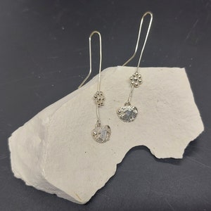 Long Dangle Drop Earrings Two Level Earrings Gift For Her 925 Silver Hand Carved Texture Ball Flower Sculpted Intriguing Pattern Design