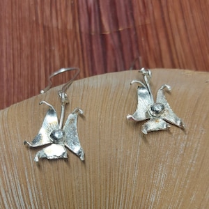 Weird Imaginary Butterfly Statement Sterling Silver Dangle Drop earrings Gift For Her Hand Carved Texture Curly Asymmetrical Nature Inspired