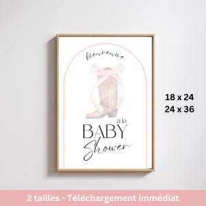 ベビー シャワーのウェルカム サイン フランス語、Affiche Bienvenue Francais、ベベ、かわいい、アンサンテ、ランファン、ミニョン、かわいい、ピンク、カウガール、フェルム、ファーム、ロデオ