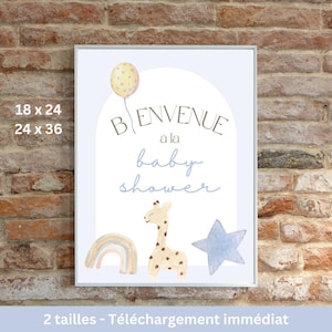 Znak powitalny Baby Shower francuski, Affiche Bienvenue Francais, Bébé, uroczy, Enceinte, Enfant, żyrafa, gwiazda, Étoile, tęcza, Arc-en-ciel, Bleu