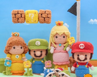 May include: Crocheted amigurumi characters from the Super Mario Bros. video game series.  The characters include Princess Peach, Luigi, and Mario.  The characters are standing on a green and brown background with a question mark block above them.