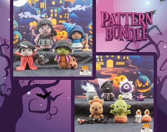 Könnte beinhalten: Ein Set mit 9 Häkelanleitungen für Halloween-Amigurumi. Die Anleitungen beinhalten eine Hexe, einen Vampir, ein Gespenst, einen Frankenstein, eine Katze, einen Kürbis, einen Kessel, eine Spinne und einen Mais. Die Anleitungen sind als digitaler Download erhältlich.