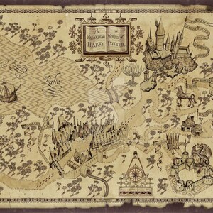 May include: A vintage-style map of the Wizarding World of Harry Potter, featuring Hogwarts Castle, Hogsmeade, and the Forbidden Forest. The map is drawn in brown and black ink on a parchment-like background.