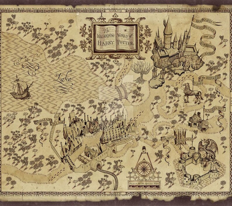 May include: A vintage-style map of the Wizarding World of Harry Potter, featuring Hogwarts Castle, Hogsmeade, and the Forbidden Forest. The map is drawn in brown and black ink on a parchment-like background.