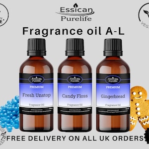 May include: Three brown glass bottles with labels that say "Essican Purelife" and "Premium" on them. The bottles contain fragrance oils with the scents "Fresh Unstop", "Candy Floss", and "Gingerbread".