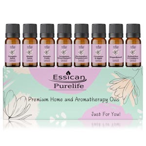 May include: A set of ten 10 ml amber glass bottles with brown lids containing essential oils. The bottles are arranged in a box with a pink and green floral design. The box has the text "Essican Purelife" and "Premium Home and Aromatherapy Oils" printed on it. The text "Just For You!" is printed on the bottom of the box.