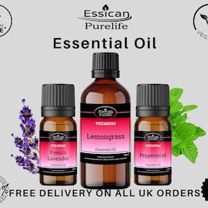 May include: Three amber glass bottles of essential oil with black caps. The bottles are labelled with the brand name "Essican Purelife" and the essential oil type: "Lemongrass", "French Lavender", and "Peppermint".
