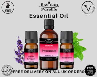 May include: Three amber glass bottles of essential oil with black caps. The bottles are labeled with the brand name "Essican Purelife" and the essential oil type: "Lemongrass", "French Lavender", and "Peppermint".