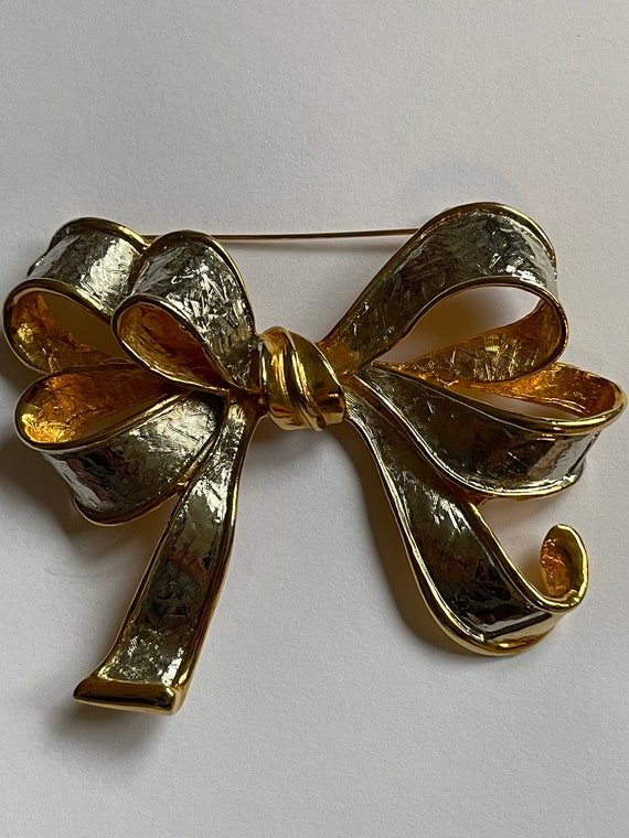 Vintage Gold and Silver Bow Holiday Pin - image 1