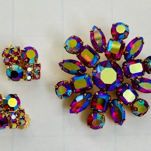 Vintage Red Aurora Borealis Pin with Coordinating Clip Earrings