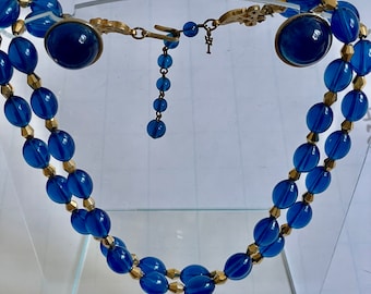 Vintage Crown Trifari Blue Glass Necklace and Earring Set
