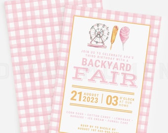 FIRST BIRTHDAY INVITATION Editable with Canva, Pink Plaid Invitation Template, County Fair Birthday, State Fair Birthday, Canva Template