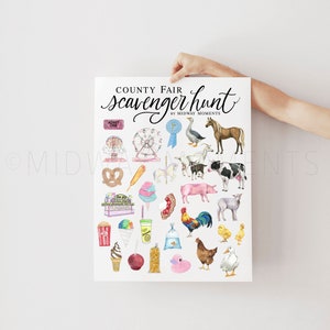 Puede incluir: Una lista de búsqueda del tesoro de la feria del condado imprimible con ilustraciones de comida de feria, atracciones y animales. La lista incluye elementos como una noria, algodón de azúcar, un cerdo, un gallo y un pato.
