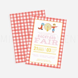 FIRST BIRTHDAY INVITATION Editable with Canva, Pink Plaid Invitation Template, County Fair Birthday, State Fair Birthday, Canva Template