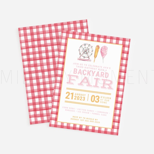 FIRST BIRTHDAY INVITATION Editable with Canva, Pink Plaid Invitation Template, County Fair Birthday, State Fair Birthday, Canva Template