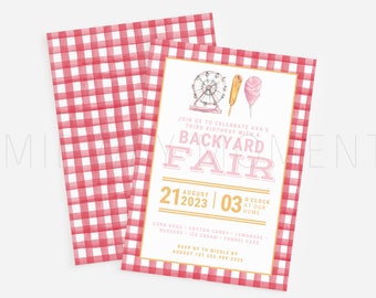 FIRST BIRTHDAY INVITATION Editable with Canva, Pink Plaid Invitation Template, County Fair Birthday, State Fair Birthday, Canva Template