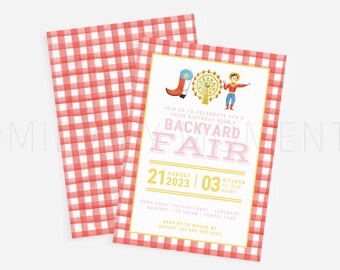 FIRST BIRTHDAY INVITATION Editable with Canva, Pink Plaid Invitation Template, County Fair Birthday, State Fair Birthday, Canva Template