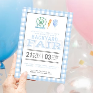 FIRST BIRTHDAY INVITATION Editable with Canva, Pink Plaid Invitation Template, County Fair Birthday, State Fair Birthday, Canva Template
