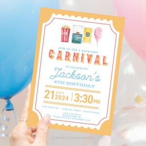 CARNIVAL BIRTHDAY EDITABLE Canva Invitation, County Fair Theme Party, Fair Theme Birthday, Canva Template, Customizable Invitation