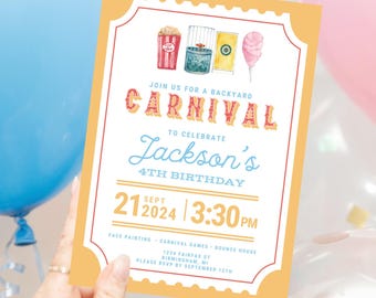 May include: A carnival-themed invitation with a yellow border and red accents. The invitation includes watercolor illustrations of popcorn, a fishbowl, and cotton candy. Text announces a backyard carnival to celebrate Jackson's 4th birthday on September 21, 2024, at 3:30 PM.