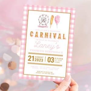CANVA BIRTHDAY INVITATION Editable with Canva, Pink Plaid Invitation Template, County Fair Birthday, State Fair Birthday, Canva Template