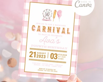 CANVA BIRTHDAY INVITATION Editable with Canva, Pink Plaid Invitation Template, County Fair Birthday, State Fair Birthday, Canva Template