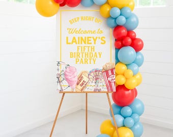 Panneau de bienvenue modifiable 24 × 36 pour les fêtes foraines et le carnaval, à personnaliser sur Canva, à téléchargement numérique instantané pour une fête foraine ou une fête d'anniversaire sur le thème du carnaval