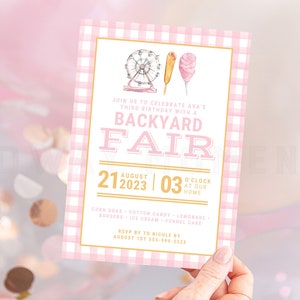 FIRST BIRTHDAY INVITATION Editable with Canva, Pink Plaid Invitation Template, County Fair Birthday, State Fair Birthday, Canva Template