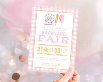 FIRST BIRTHDAY INVITATION Editable with Canva, Pink Plaid Invitation Template, County Fair Birthday, State Fair Birthday, Canva Template