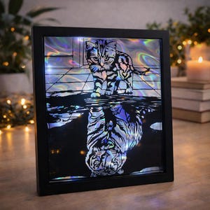 Holographic Kitten & Tiger Reflection Shadowbox | Inspirational Cat Wall Art Gift | Framed Light-Up Animal Decor