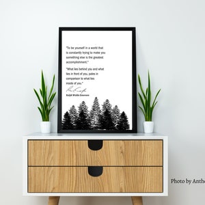 Pu&ograve; includere: Una stampa incorniciata in bianco e nero con una citazione di Ralph Waldo Emerson. La citazione recita: "Essere te stesso in un mondo che cerca costantemente di farti diventare qualcun altro &egrave; il pi&ugrave; grande successo." e "Ci&ograve; che sta dietro di te e ci&ograve; che sta davanti a te, impallidisce in confronto a ci&ograve; che &egrave; dentro di te."