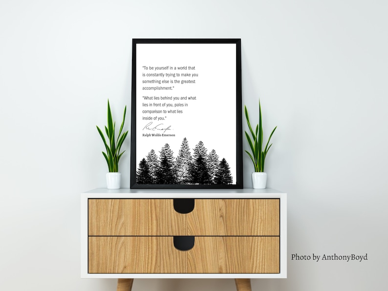 Pu&ograve; includere: Una stampa incorniciata in bianco e nero con una citazione di Ralph Waldo Emerson. La citazione recita: "Essere te stesso in un mondo che cerca costantemente di farti diventare qualcun altro &egrave; il pi&ugrave; grande successo." e "Ci&ograve; che sta dietro di te e ci&ograve; che sta davanti a te, impallidisce in confronto a ci&ograve; che &egrave; dentro di te."