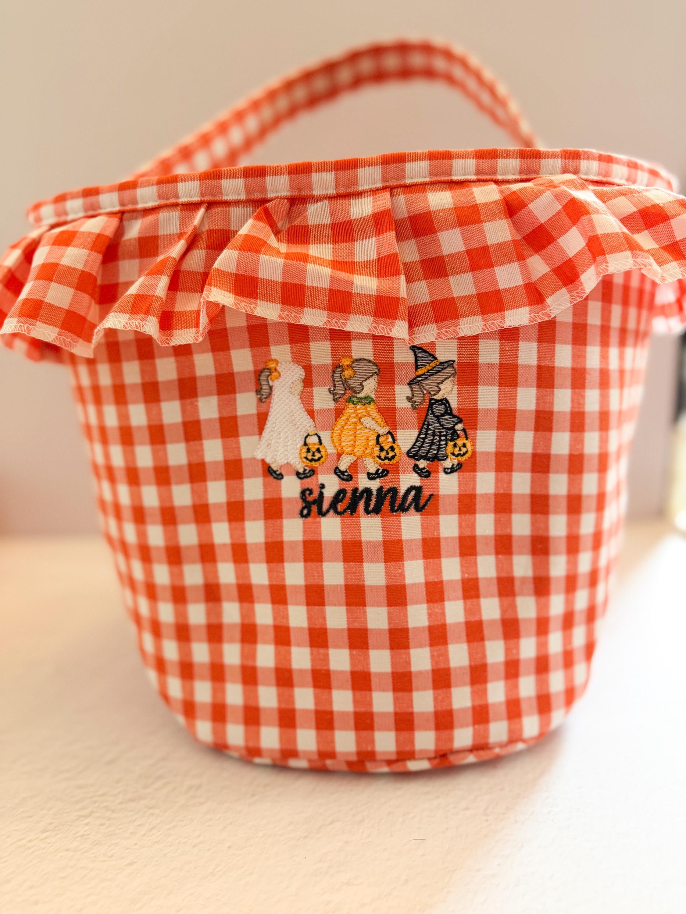 Custom Embroidered Gingham Candy Bucket Halloween Boo Basket for Kids