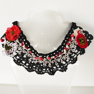 Oya Crochet Collar Black and Red  Poppy Necklace|Unique Boho Style Necklace|Bib Black Necklace Poppy Flower Detailed |Christmas Gift