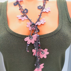 Handmade Turkish Oya Crochet Custom Boho Design Pink and Gray Beaded Lariat Necklace|Great Gift for Mothers Day|Anatolian Crochet Necklace