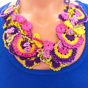 Crochet Pink and Purple Beaded Collar Flower Bouquet Turkish Oya Necklace Great Gift for her Beaded Metal Free Pink Choker