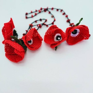 Crochet Poppy Flower Beaded Lariat Handmade Necklace/Open Ended Handmade Red Necklace/Crochet Hair Band/Crochet Beaded Belt/Christmas Gift