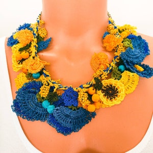 Crochet Boho Design Yellow and Navy Blue Beaded Collar Flower Bouquet Turkish Oya Necklace/Bead Crochet Jewelry/Metal Free Crochet Necklace
