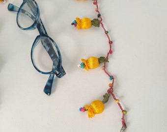 Handmade Turkish Oya  Crochet Beaded Tulip Designed Eyeglasses Chain Holder/Yellow Crochet Eyeglass Lanyard/Boho Eyeglass Chain/Gift for Mom