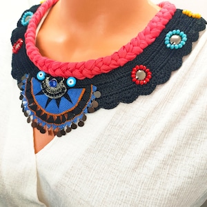 Oya Custom Boho Design Black and Blue Crochet Necklace/Knotted Lace Turkish Evil Eye Necklace/Anatolian Ethnic Style Turkish Bib Necklace