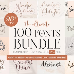 Lettertype 100 - lettertypebundel, zomerlettertype, Cricut, bruiloftlettertype, scriptlettertype, handgeschreven lettertype, lettertype voortplanten, knutselen, logo elegant lettertype, Canva