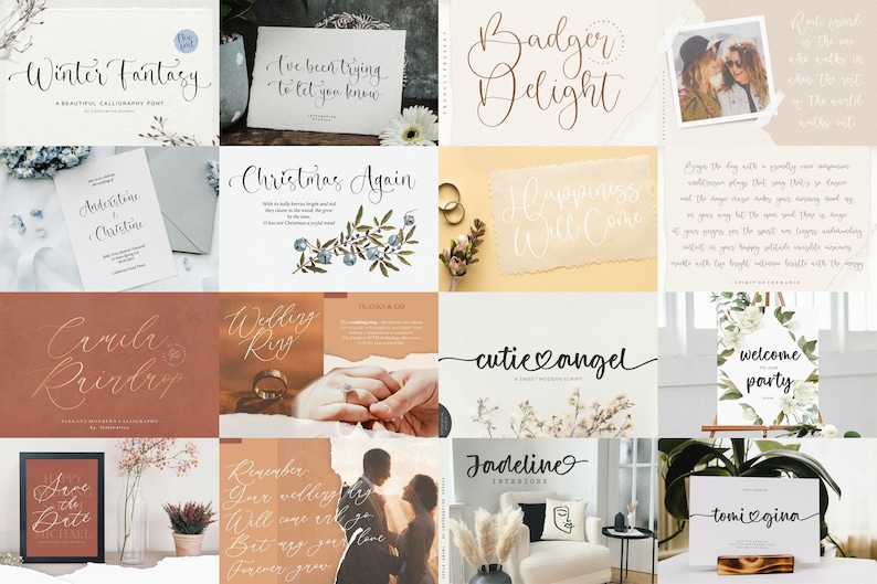 May include: A collage of images showcasing various calligraphy fonts. The fonts are displayed on different backgrounds, including floral designs, wedding rings, and handwritten notes. The fonts are all in a cursive style and are perfect for adding a personal touch to any project.