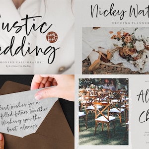 May include: Rustic Wedding calligraphy font with a modern script style. The font is shown in a variety of examples, including a wedding invitation, a wedding planner logo, and a wedding ceremony sign. The text on the sign reads "Welcome to the marriage of Alicent + Christ, Saturday, 25th August 2023, at 12 o'clock in the afternoon, 200 Third Avenue, Los Angeles, California."