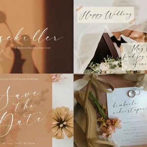 May include: A wedding invitation suite with a brown background and white calligraphy. The invitation reads "Save the Date" with the date "29 June 2022 / 8:30 am". The invitation also includes the text "you are invited to our wedding". The other card reads "kimberli & christoper".