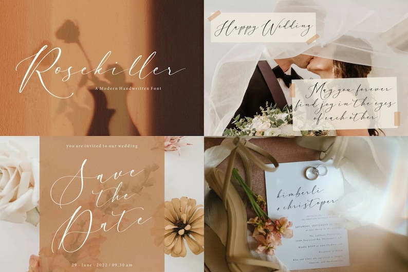 May include: A wedding invitation suite with a brown background and white calligraphy. The invitation reads "Save the Date" with the date "29 June 2022 / 8:30 am". The invitation also includes the text "you are invited to our wedding". The other card reads "kimberli & christoper".