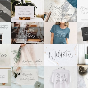 May include: A collage of images showcasing various handwritten fonts. The fonts are displayed on different backgrounds, including a white t-shirt, a black card, and a white sign. The fonts are all in a cursive style and are perfect for adding a personal touch to any project.