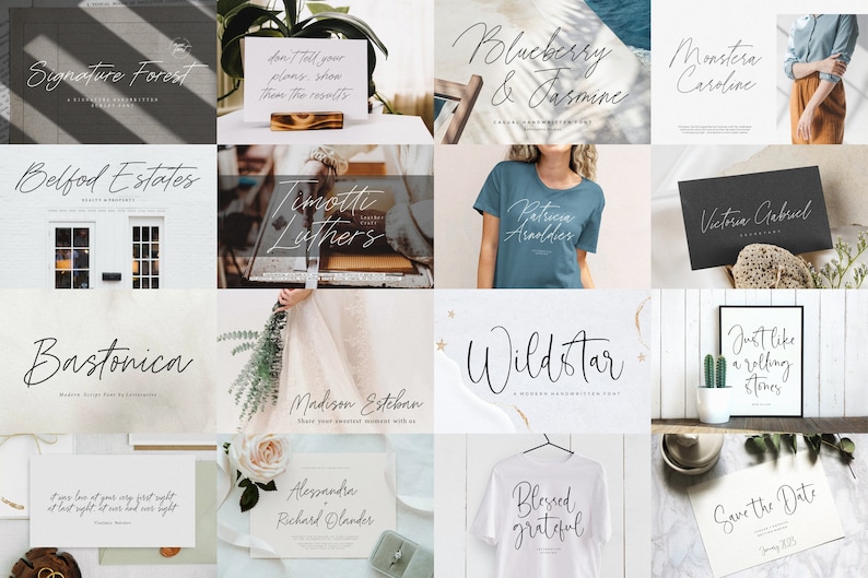 May include: A collage of images showcasing various handwritten fonts. The fonts are displayed on different backgrounds, including a white t-shirt, a black card, and a white sign. The fonts are all in a cursive style and are perfect for adding a personal touch to any project.