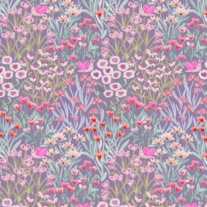 May include: A floral pattern featuring a field of flowers in shades of pink, white, and orange against a lavender background. The design includes heart-shaped flowers and snails with heart-shaped shells, creating a whimsical and romantic aesthetic.