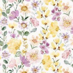 May include: Watercolor floral pattern featuring yellow, pink, and purple flowers with green leaves on a white background. The design includes various flower types and sizes, creating a delicate and artistic aesthetic. The pattern is suitable for fabric or wallpaper.