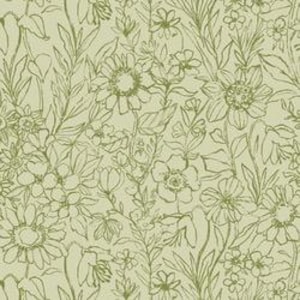 May include: A repeating pattern of green floral line art on a light beige background. The design features various flowers, leaves, and stems, creating a botanical illustration. The artwork has a textured, sketched appearance.